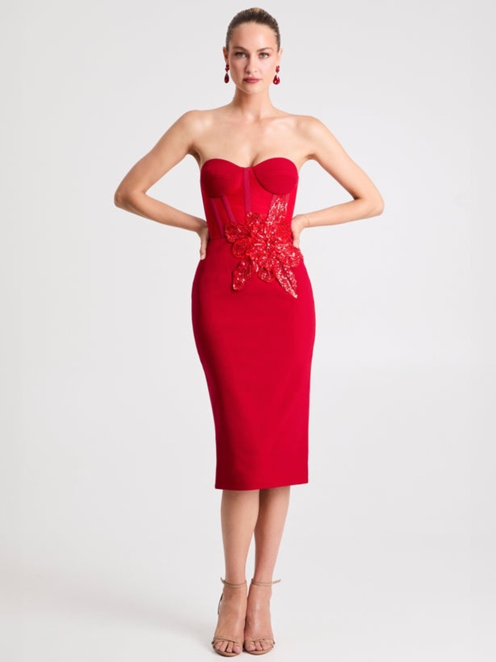 Helsi Stella Strapless Red Midi Dress with Floral Appliqué size XS NWT